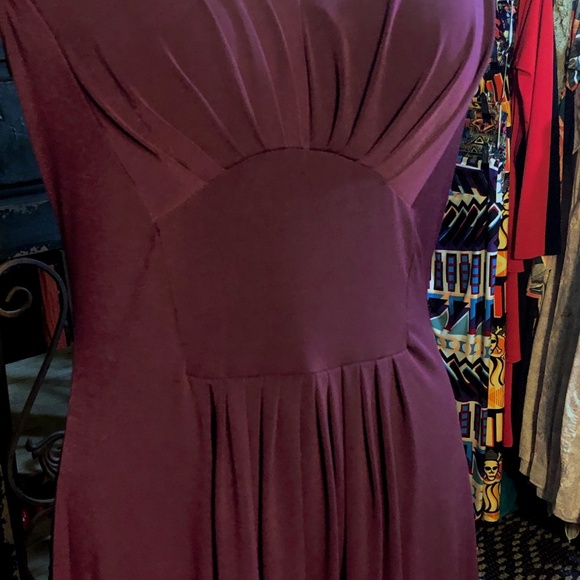 Vtg Y2K BISOU BISOU Dk Plum Stretch Knit Short Sleeve Pleated Front Midi Dress~6 - Picture 6 of 10